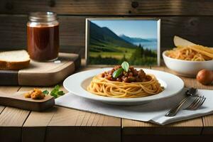 a plate of spaghetti with meatballs and a glass of red wine on a wooden table. AI-Generated photo