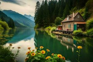 a small cabin sits on the edge of a lake surrounded by trees. AI-Generated photo