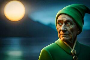 an old man in green robes with a full moon in the background. AI-Generated photo