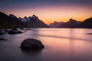 el Dom conjuntos terminado montañas y agua en el lofoten islas generado por ai foto