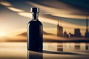 a bottle of alcohol is sitting on a table in front of a city skyline. AI-Generated photo