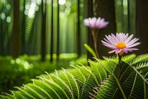 un rosado flor es en pie en el medio de un verde bosque. generado por ai foto