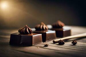 chocolate squares on a wooden table. AI-Generated photo