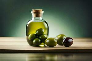 olives in a bottle and on a wooden table. AI-Generated photo