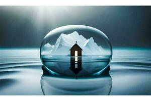 a house in a glass ball with water and mountains. AI-Generated photo