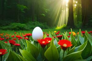 un huevo es sentado en un campo de rojo flores generado por ai foto