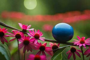 a blue ball sits on a branch of pink flowers. AI-Generated photo