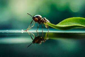 a bee on a leaf with water reflection. AI-Generated photo