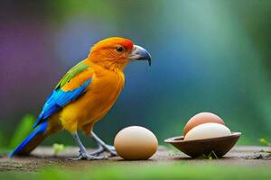 a colorful bird standing next to an egg. AI-Generated photo