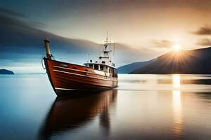 un barco es navegación en el agua a puesta de sol. generado por ai foto