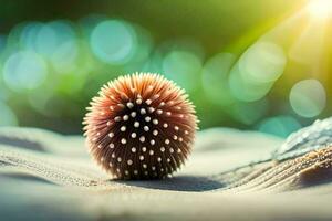 a small spiky ball sits on top of a sand. AI-Generated photo