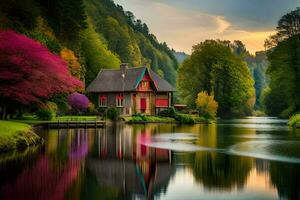 a house sits on the edge of a river with colorful trees. AI-Generated photo