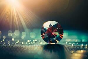 a diamond on a table with a bright light shining. AI-Generated photo