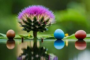 colorful eggs and a thistle flower in the water. AI-Generated photo