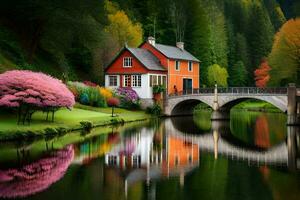 a house and bridge over a river in the middle of a forest. AI-Generated photo