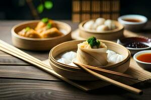 asian food in bamboo bowls on a wooden table. AI-Generated photo