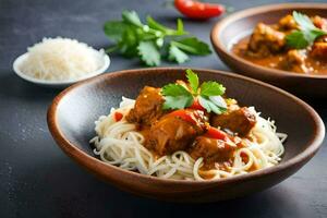 chicken curry with noodles and vegetables in a bowl. AI-Generated photo