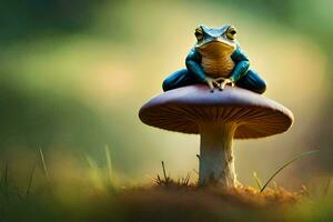 a frog sits on top of a mushroom. AI-Generated photo