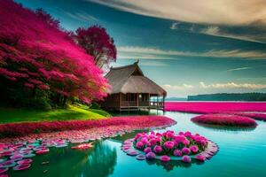 the pink flowers are in the water and a hut is in the middle. AI-Generated photo