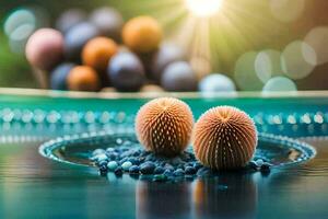 two balls of different colors sitting on a table. AI-Generated photo