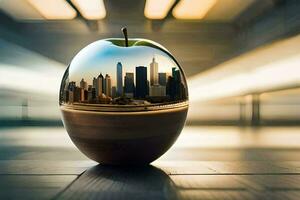 an apple with a city in the middle of it. AI-Generated photo