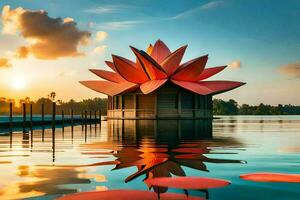 a large lotus flower sits on the water in front of a dock. AI-Generated photo