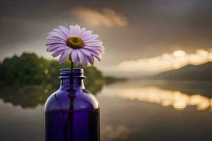 a purple bottle with a single flower in it sitting on a table. AI-Generated photo