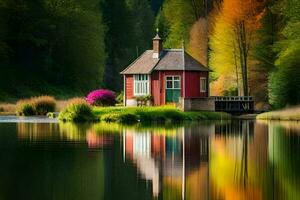 a red house sits on the edge of a lake. AI-Generated photo