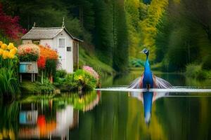 un pavo real es en pie en el agua en frente de un casa. generado por ai foto