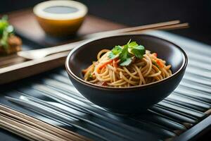 a bowl of noodles with chopsticks and a plate of vegetables. AI-Generated photo
