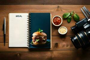 un cuaderno con un hamburguesa y un cámara en un de madera mesa. generado por ai foto