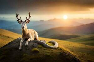 a deer sits on top of a hill with a snake. AI-Generated photo