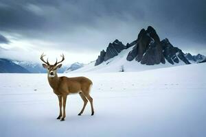 a deer stands in the snow in front of mountains. AI-Generated photo