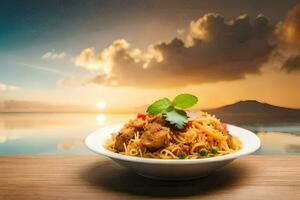 chicken rice in a bowl with a sunset view. AI-Generated photo