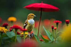 un pájaro es sentado en un rojo paraguas en un campo de flores generado por ai foto