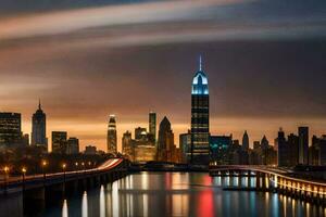 el ciudad horizonte a oscuridad con un puente terminado agua. generado por ai foto