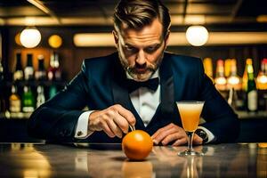 a man in a tuxedo is preparing an orange. AI-Generated photo