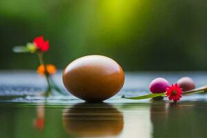 a ball of brown clay sits on top of a water surface. AI-Generated photo