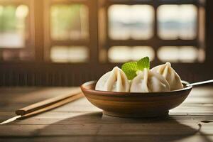 dumplings in a bowl on a wooden table. AI-Generated photo