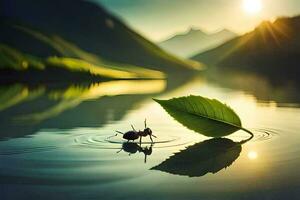 a leaf and ant on the water with mountains in the background. AI-Generated photo