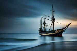 a sailing ship in the ocean at sunset. AI-Generated photo