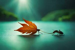 two insects are standing next to a leaf. AI-Generated photo