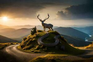 un ciervo soportes en parte superior de un montaña con un la carretera devanado mediante él. generado por ai foto