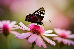 un mariposa es sentado en un rosado flor. generado por ai foto