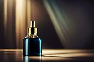 a blue bottle of perfume sitting on a table. AI-Generated photo