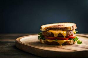 a grilled cheese sandwich on a wooden cutting board. AI-Generated photo