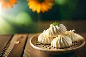 dumplings on a wooden plate with flowers in the background. AI-Generated photo