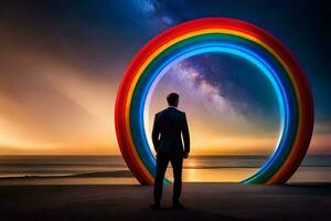 a man standing in front of a rainbow shaped hole in the ground. AI-Generated photo