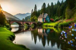 a bridge over a river with a house in the background. AI-Generated photo