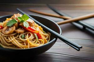 chinese noodles with mushrooms and vegetables in a bowl. AI-Generated photo